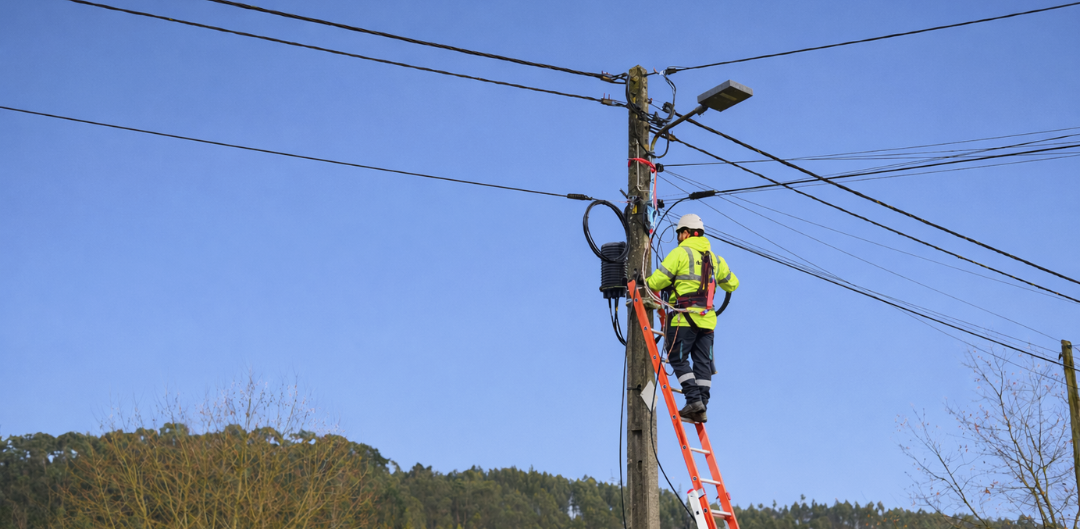 dsteelcom technician climbing a pole