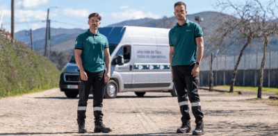dstelecom technicians next to the van