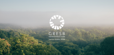 Landscape photo of the sky and green trees featuring the GRESB 2026 logo
